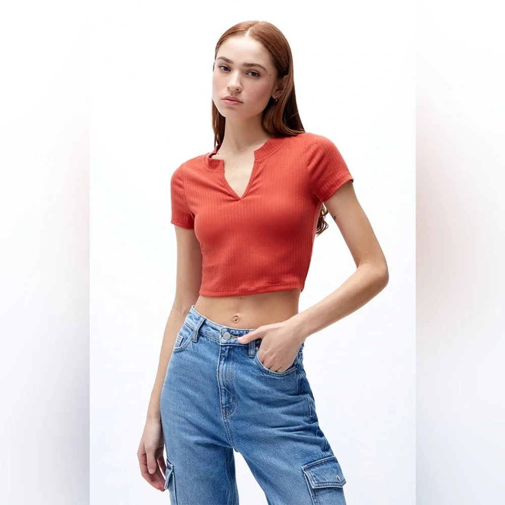 PacSun Women's Red-Orange Ribbed Crop Top